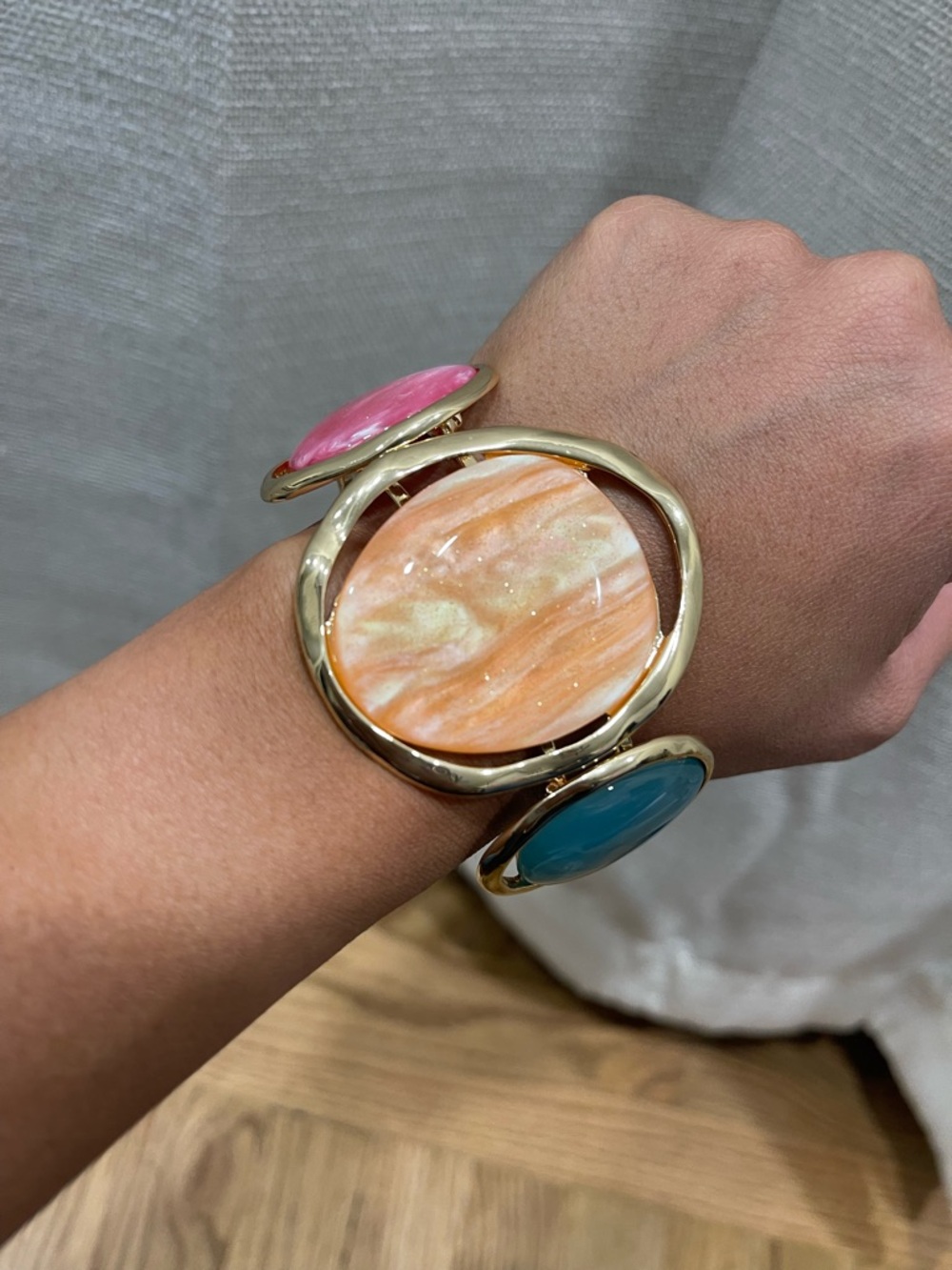 Colorful Tripe Stone Cuff Bracelet - Pink, Orange & Teal